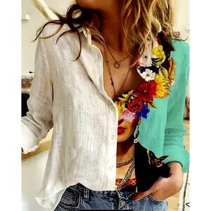 Elegant Half White Figure Print Button Up Collared Shirt Multiple Sizes
